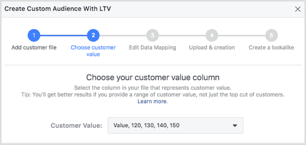 Wählen Sie Ihre Spalte "Kundenwert" im Dialogfeld "Kundengruppe mit LTV erstellen" aus.