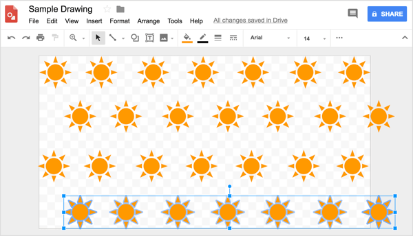 Verwenden Sie das Raster, um die Zeilen in Ihrem Google Drawings-Design gleichmäßig zu positionieren.