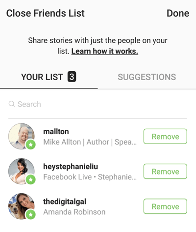 Klicken Sie auf Entfernen, um einen Freund aus Ihrer Liste der engen Freunde auf Instagram zu entfernen.