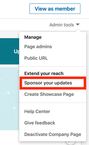 So erstellen Sie eine LinkedIn-Textanzeige, Schritt 1, Sponsern Sie Ihre Updates unter den Admin-Tools