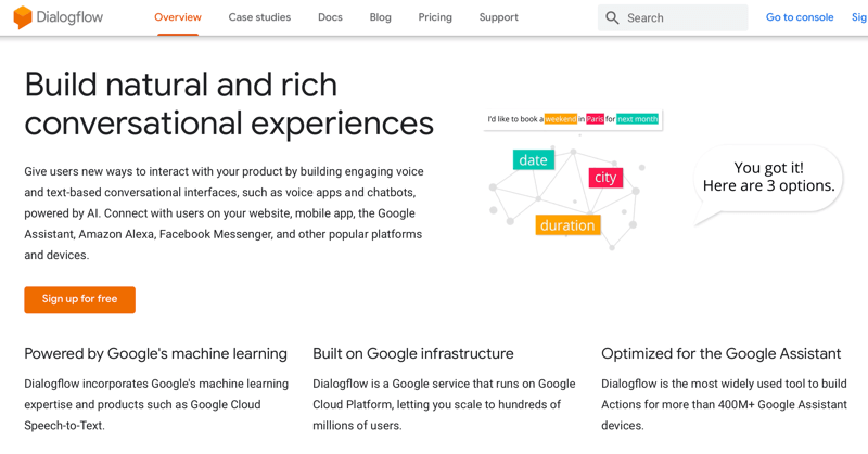 Homepage von Dialogflow