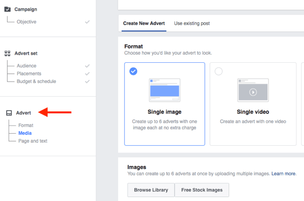 In der untersten Ebene der Facebook-Kampagnenstruktur wählen Sie Ihr Anzeigenmotiv aus.