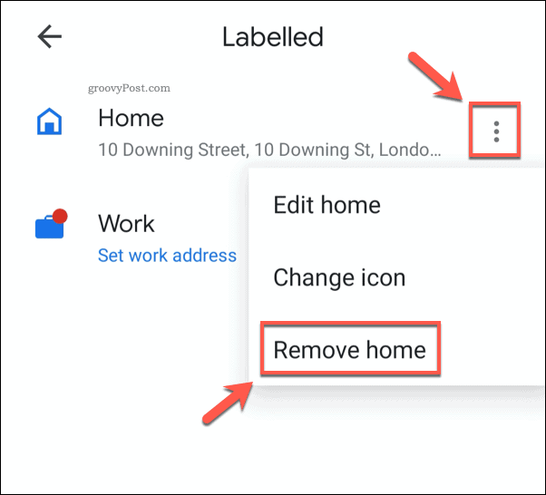 Entfernen einer gespeicherten Privatadresse in Google Maps Mobile