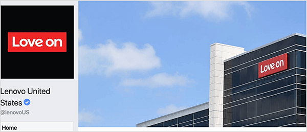 Dies ist ein Screenshot des Facebook-Seitenkopfs von Lenovo. Links ist ein quadratisches Profilbild mit schwarzem Hintergrund. Ein rotes horizontales Rechteck in der Mitte zeigt Love On in derselben Schriftart an, die Lenovo für seinen Markennamen verwendet. Die Seite trägt den Titel Lenovo USA mit dem Benutzernamen @lenovoUS. Auf der rechten Seite befindet sich das Titelbild, das ein Foto eines Lenovo-Gebäudes und einen blauen Himmel mit wackeligen Wolken zeigt. Seth Godin hat Anzeigen von Lenovo in seinem Akimbo-Podcast.
