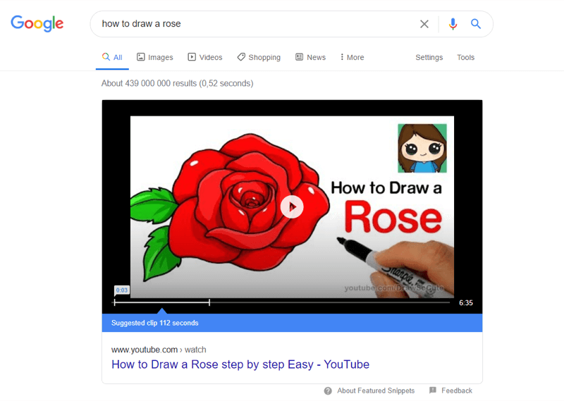 Beispiel für ein Top-YouTube-Video in den Google-Suchergebnissen für "Wie zeichnet man eine Rose?"