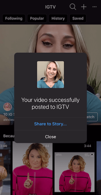 Aufforderung, IGTV-Videos an Instagram Stories weiterzugeben