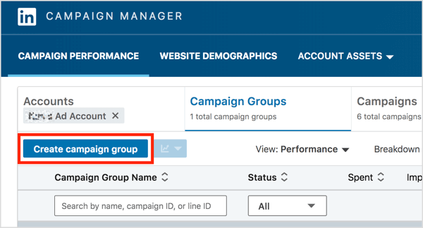 Klicken Sie auf der Registerkarte Kampagnengruppen von LinkedIn Campaign Manager auf die Schaltfläche Kampagnengruppe erstellen.