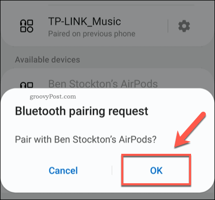 Bestätigen der Pairing-Funktion von Android AirPods