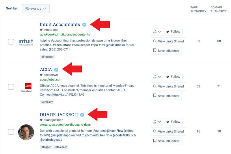 Social Media Marketing Strategie; Screenshot der Suchergebnisse des Influencer-Identifikationstools von BuzzSumo nach Eingabe des Schlüsselworts "Buchhaltung".