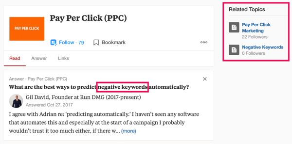 Beispiel für ein Quora-Suchergebnis mit dem Suchbegriff "PPC" und dem Ausdruck "ausschließende Keywords".