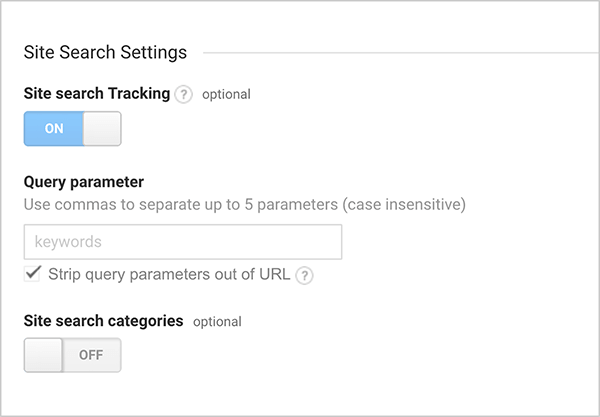 Dies ist ein Screenshot der Optionen für die Site-Sucheinstellungen in Google Analytics. Die Option Site Search Tracking ist aktiviert. Die Einstellungen bieten auch Optionen zum Eingeben eines Abfrageparameters und zum Ein- und Ausschalten der Site-Suchkategorien.