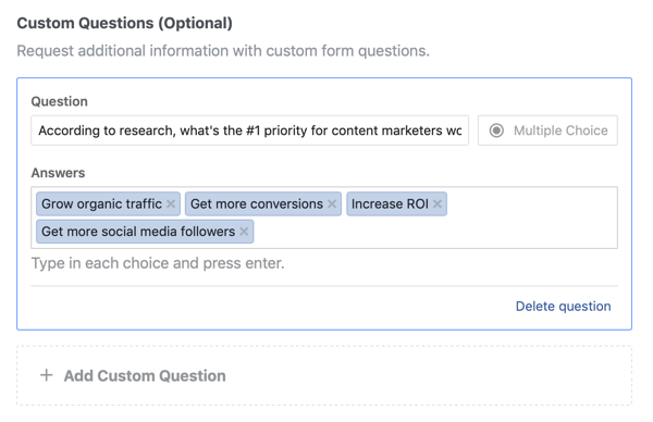 Beispiel für Frage- und Antwortoptionen für eine Frage für eine Facebook-Lead-Werbekampagne.