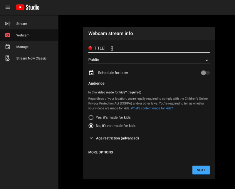 Live-Streaming-Dashboard für das Live-Streaming-Menü des YouTube-Studios mit den Webcam-Stream-Infodetails zum Einstellen bereit
