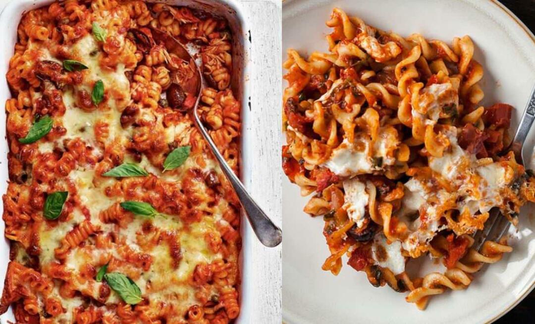 Wie macht man gebackene Nudeln mit getrockneten Tomaten? Praktisch gebackene Nudeln, fertig in weniger als 20 Minuten