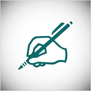 Dies ist eine blaugrüne Linienillustration einer Handschrift mit einem Bleistift. Seth Godin übt das tägliche Schreiben in seinem Blog.