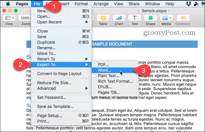 Datei> Exportieren nach> Word in Pages auf dem Mac