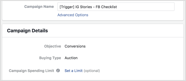 Der Facebook Ads Manager hat eine Trigger-Kampagne eingerichtet