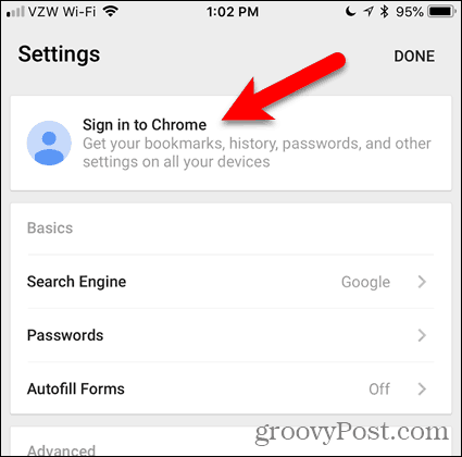 Tippen Sie unter iOS auf Chrome anmelden