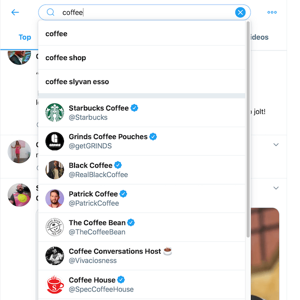Beispiel für Suchergebnisse aus der Suche nach Kaffee im Twitter-Suchfeld