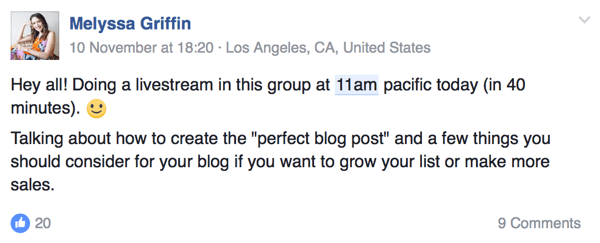 Die Unternehmerin Melyssa Griffin teilt ihrem Publikum mit, wann sie auf Facebook live sein wird.