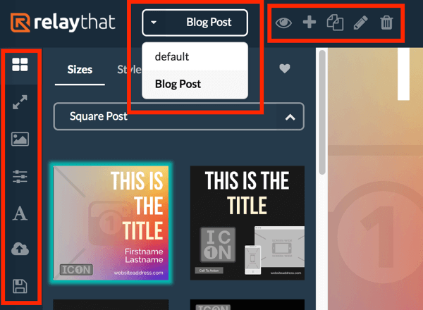 Verwenden Sie das linke Menü, um verschiedene Layouts für Ihr RelayThat-Projekt anzuzeigen, und wählen Sie im oberen Menü Ihr Projekt aus.