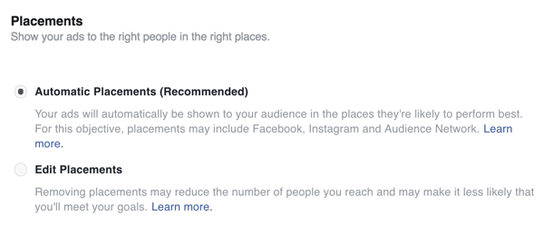 Wählen Sie Placements für Ihre Facebook-Anzeige aus.