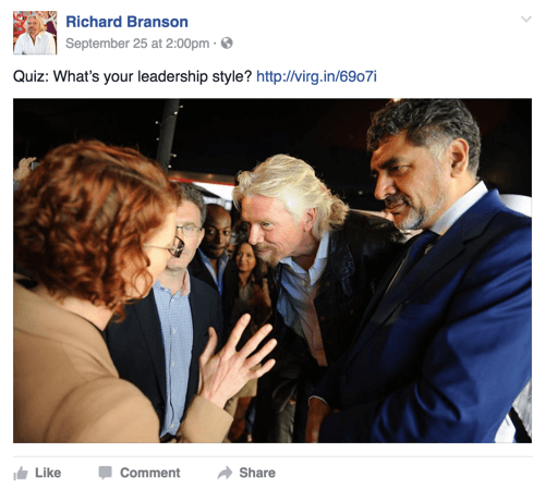 Richard Branson Facebook Post mit Quiz