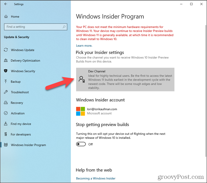 Entwicklerkanal in den Windows Insider-Programmeinstellungen festgelegt