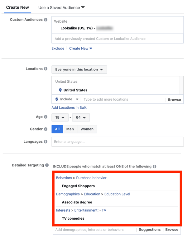 Tipps zur Senkung Ihrer Facebook-Anzeigenkosten, Option zum Eingrenzen Ihrer Zielgruppe durch Hinzufügen detaillierter Targeting-Kriterien 