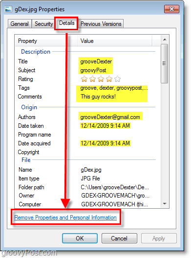 Zeigen Sie Dateidetails in Windows 7 an und klicken Sie auf Eigenschaften und persönliche Informationen entfernen