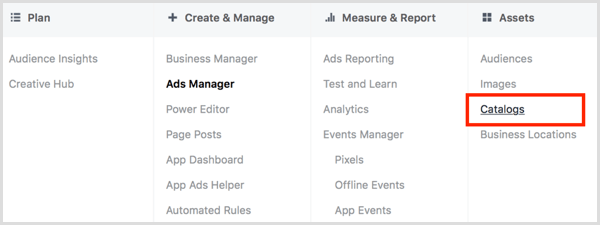 Klicken Sie im Facebook Ads Manager in der Spalte "Assets" auf den Link "Kataloge".