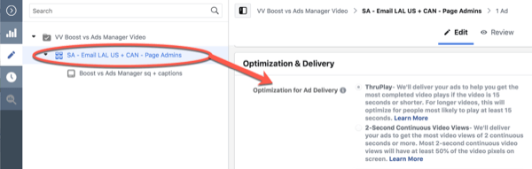 Facebook ThruPlay-Optimierung für die Bearbeitung von Kampagnen in 10-Sekunden-Ansichten, Schritt 3.