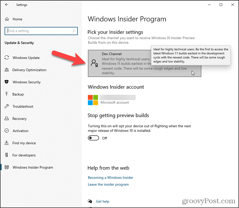 Klicken Sie unter Wählen Sie Ihre Insider-Einstellungen in Windows 10 auf Dev Channel