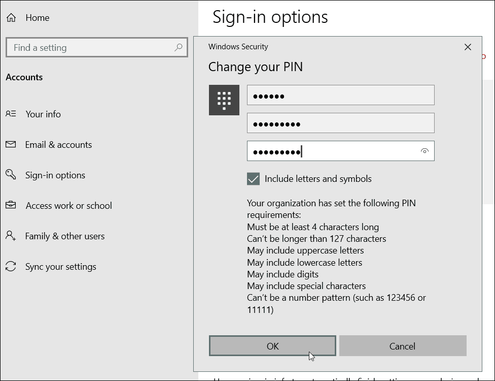 PIN-Anforderungen für Sonderzeichen Windows 10