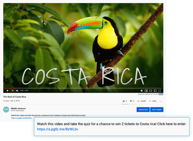 Hervorgehobene Beschreibung des YouTube-Videos mit dem Angebot, das Video anzusehen und am Quiz teilzunehmen, um 2 Tickets für Costa Rica zu gewinnen