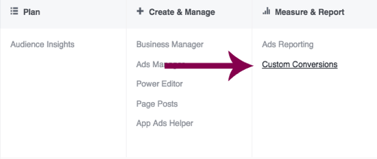 Navigieren Sie im Facebook Ads Manager zu Benutzerdefinierte Conversions.