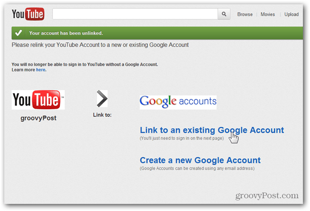 Verknüpfen eines YouTube-Kontos mit einem neuen Google-Konto - Klicken Sie auf Mit vorhandenem Konto verknüpfen