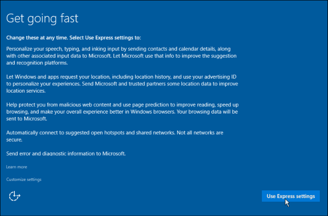 Express-Einstellungen Windows 10