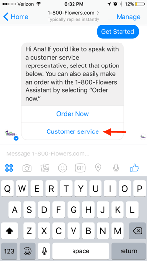 1-800-Flowers bietet Kunden die Möglichkeit, sich mit einem Live-Agenten zu verbinden, der personalisierte Hilfe anbieten kann.