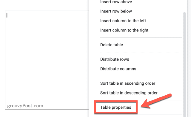 Zugriff auf das Tabellenoptionsmenü in Google Docs
