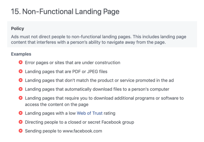 Nicht funktionsfähiger Landing Page-Bereich der Facebook-Werberichtlinien