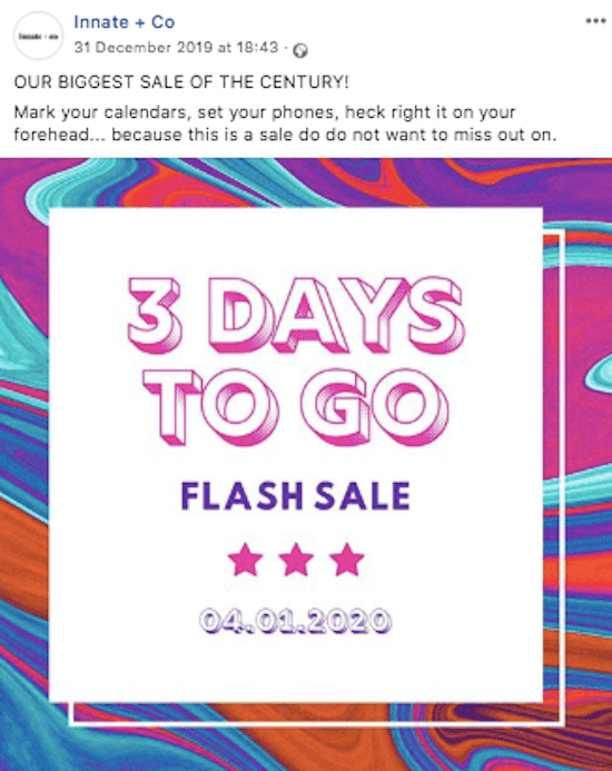 Beispiel eines Facebook-Countdown-Posts für den Flash-Verkauf