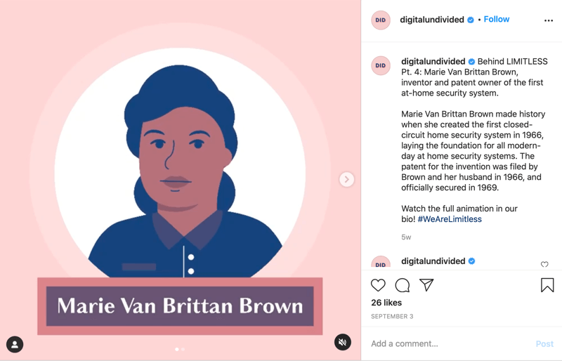 Beispiel eines MP4-Snippet-Posts, der auf Instagram geteilt wurde und Marie van Brittan Brown als pt hervorhebt. 4 in der Serie #wearelimitless