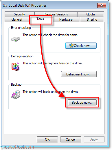 Windows 7-Sicherung - Registerkarte "Extras" in den Eigenschaften und Schaltfläche "Jetzt sichern"