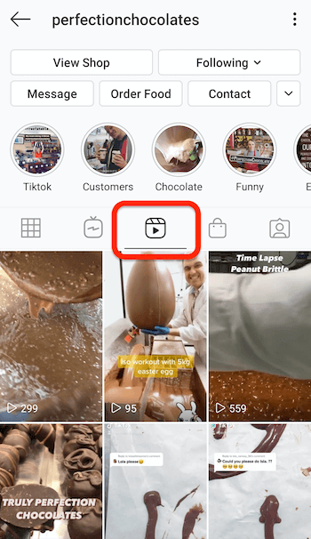 Beispiel für die Registerkarte "Rollen" im Instagram-Profil von @perfectionchocolates