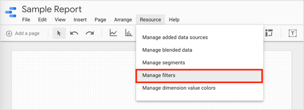 Um Daten zu filtern und Gruppen zu erstellen, die Sie verwenden können, klicken Sie in der Menüleiste auf Ressource und wählen Sie Filter verwalten aus dem Dropdown-Menü.