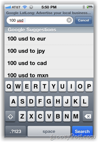 Google.com Währungsumrechner auf dem iPhone Mobile