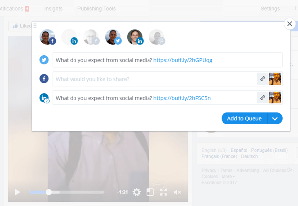 Mithilfe von Tools wie Buffer können Sie Facebook Live-Videos auf mehreren Social Media-Plattformen teilen.