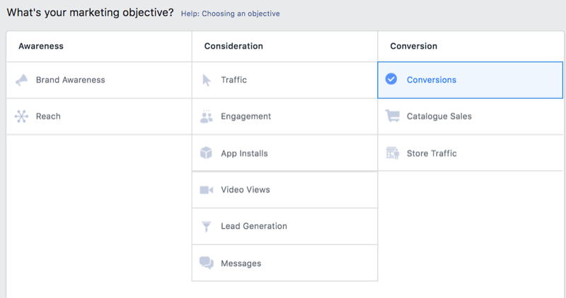 Option im Facebook Ads Manager, um Conversions als Marketingziel auszuwählen