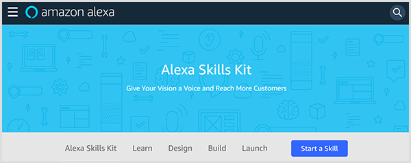 Die Amazon Alexa Skills Kit-Webseite stellt das Tool vor und enthält Registerkarten, auf denen Sie eine Fähigkeit für Alexa erlernen, entwerfen, erstellen und starten können. 